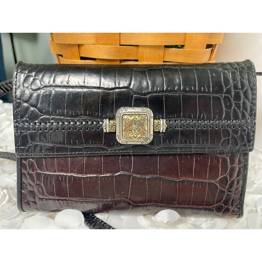 Brighton Dark Brown/Black Croc Embossed Print Leather Snap Wallet  with Strap